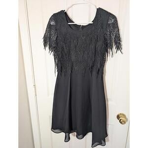 Vintage Black Dress by Night Way Collections with Fringe Shoulder Size 6